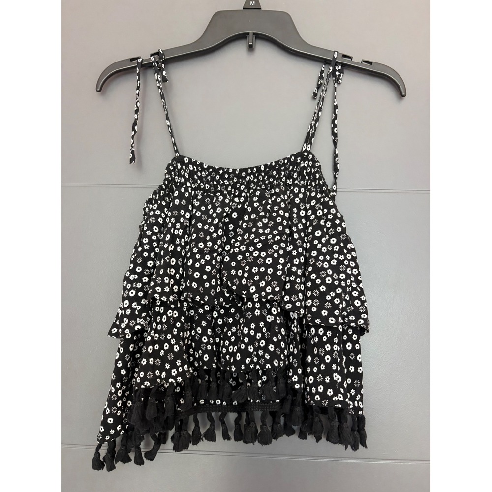 OVS Womens Black White‎ Floral Tiered Tassel Cami crop Top Size S Tie Strap Boho